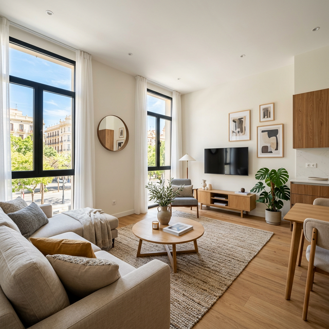 Salón moderno y luminoso de una vivienda de uso turístico